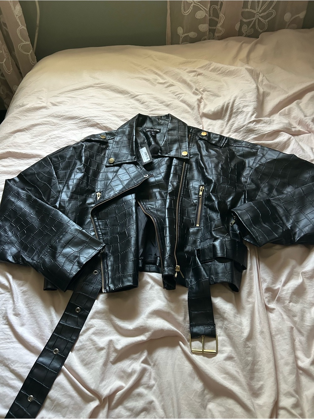 NWT PrettyLittleThing Black Croc Faux Leather Oversized Biker Jacket